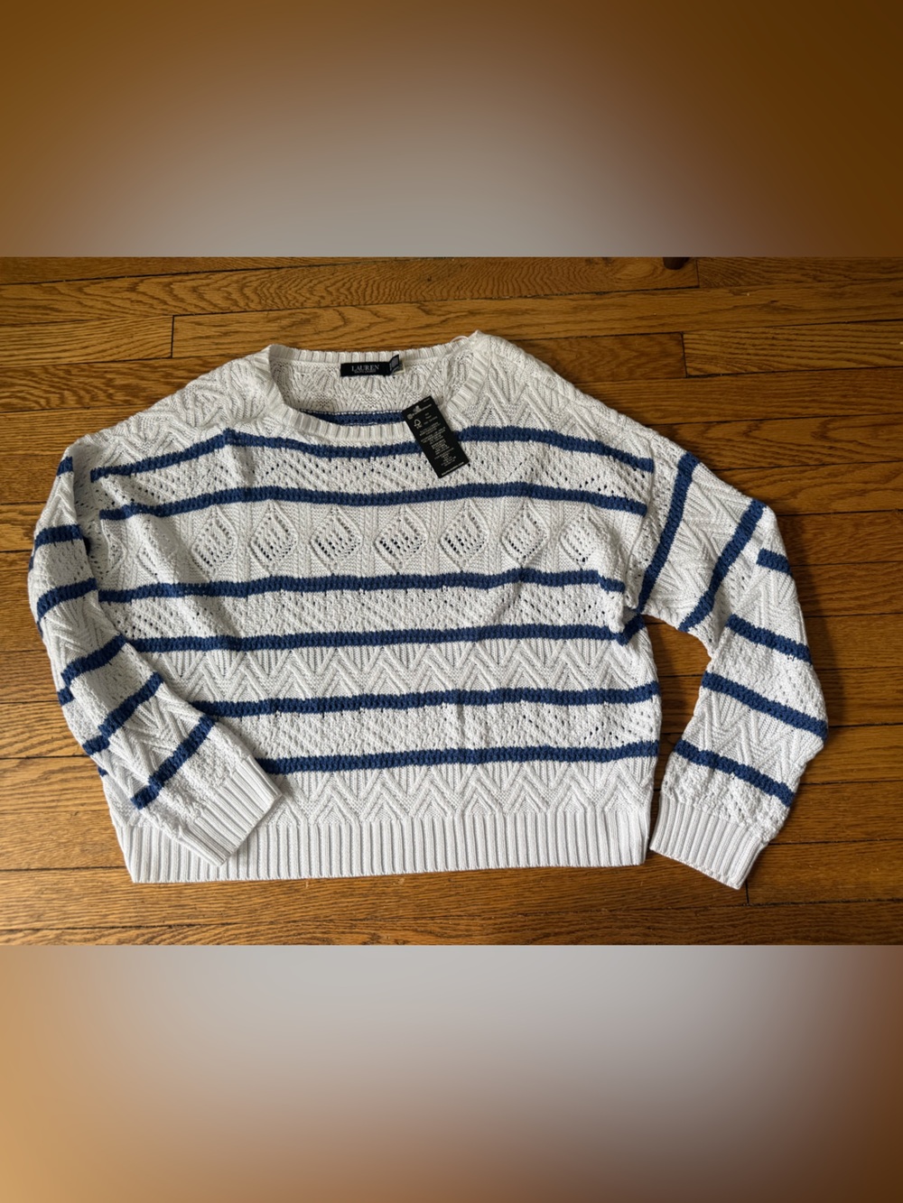 Lauren Ralph Lauren White and Blue Striped Crewneck Sweater - Size XL - NWT
